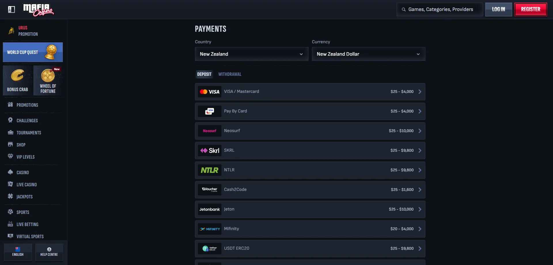 Mafia Casino NZ payment methods &ndash; crypto, Visa, Mastercard and e-wallets
